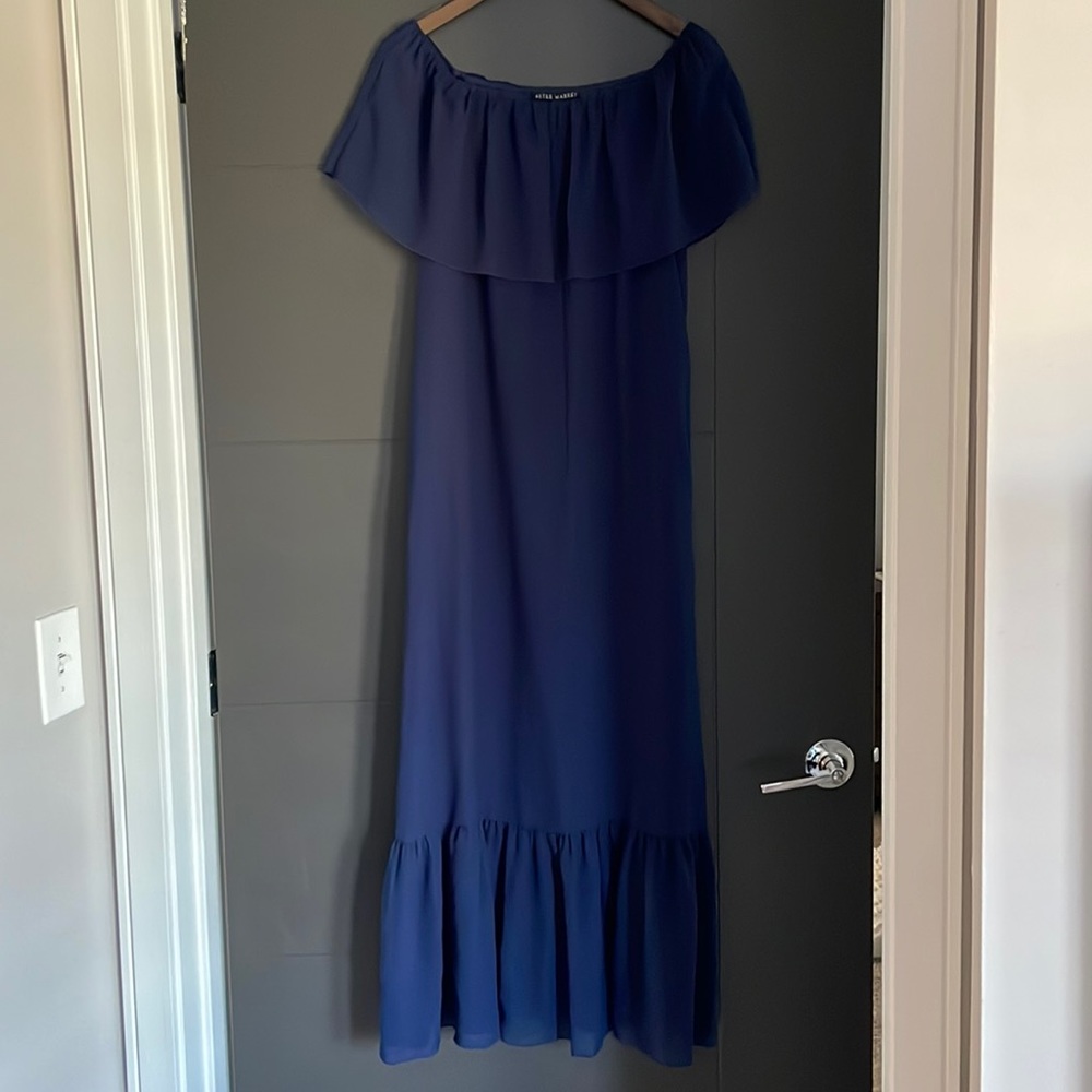 Navy blue off the shoulder/strapless chiffon maxi dress